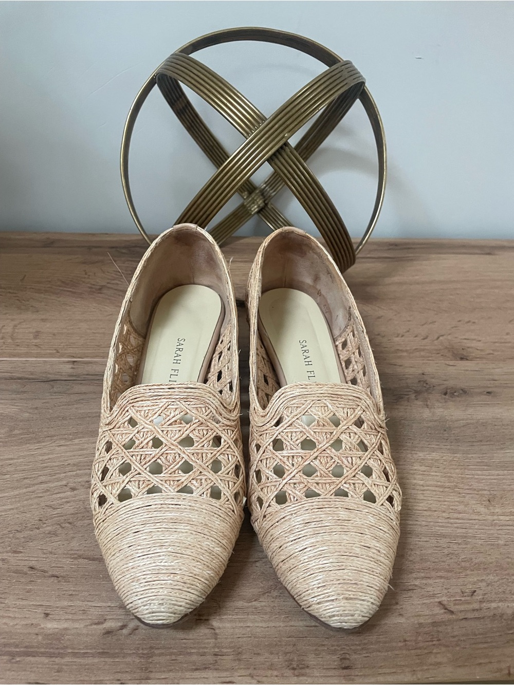 Sarah Flint Natural Woven Pointed-Toe Flats - Beige